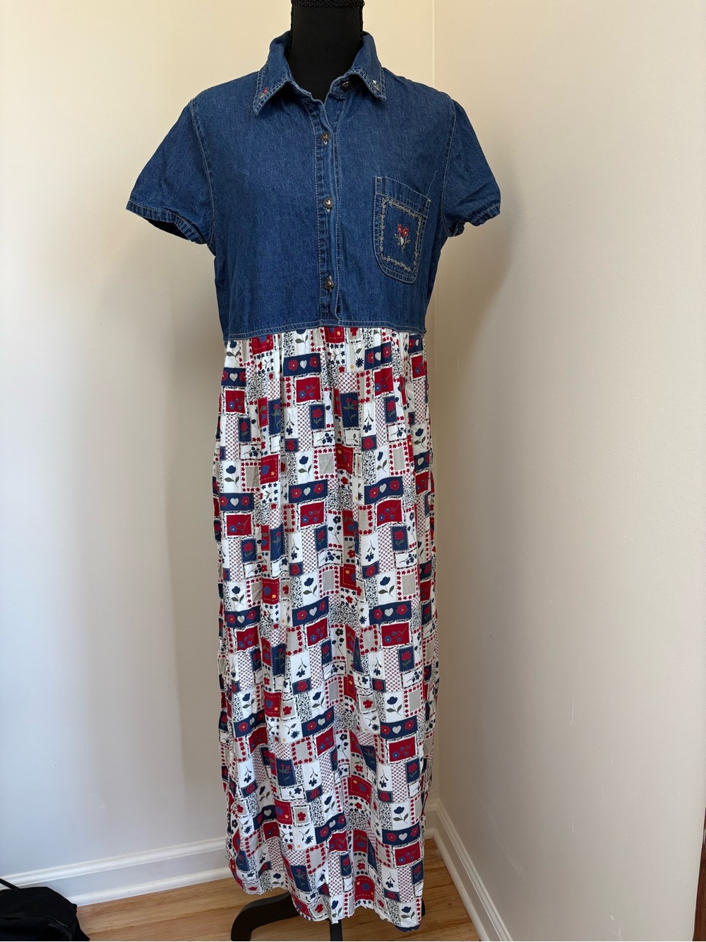 Bobbie Brooks Denim-Top Maxi Dress in Red, Navy & White